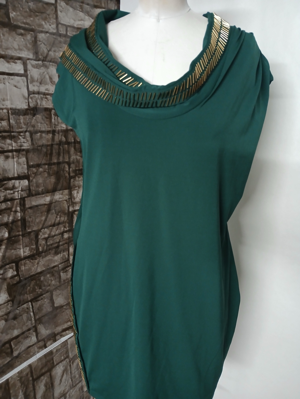Moda International Emerald Green Cowl Neck Mini Dress with Gold Accents - Picture 4 of 9